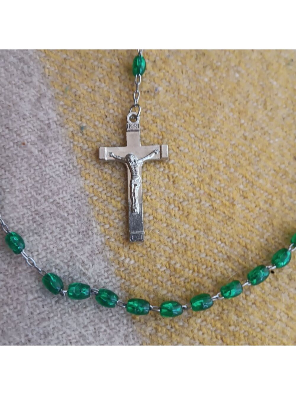 Vintage 26" Rosary Necklace Green Beaded Crucifix Virgin Mary Catholic Prayer
